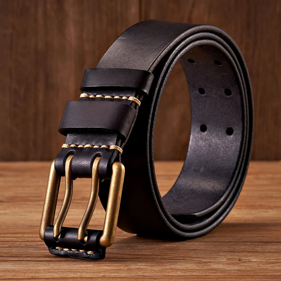 Mens Leather Belt Double-Pin Vintage Style