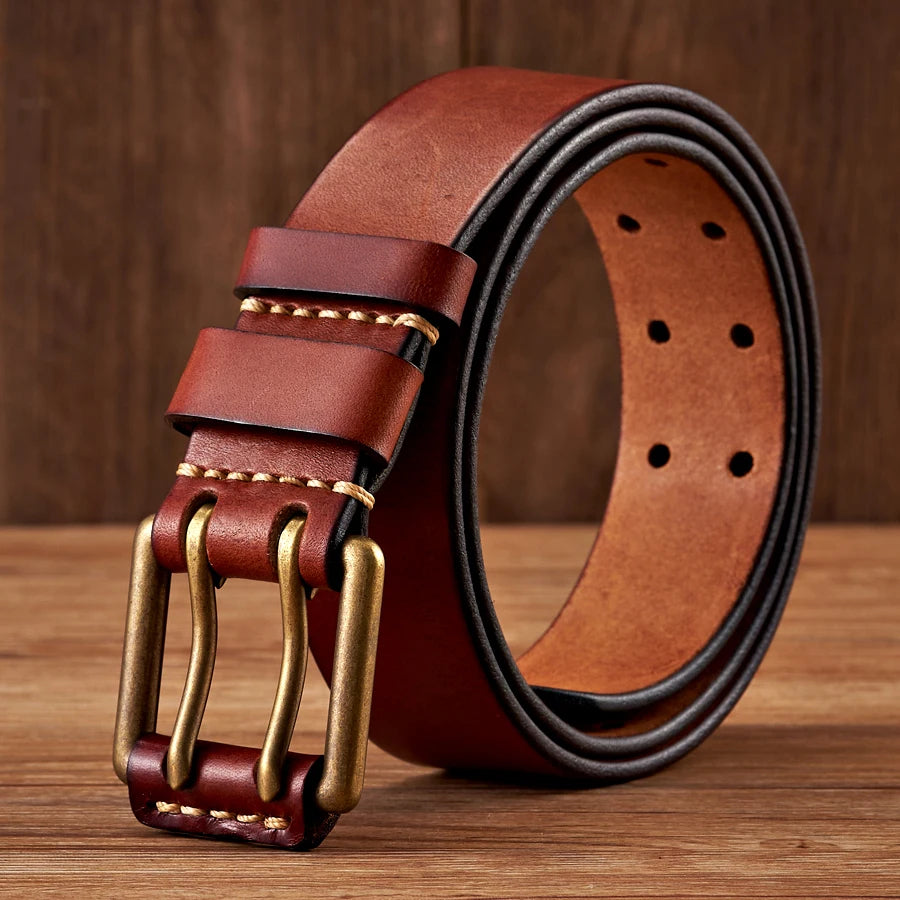 Mens Leather Belt Double-Pin Vintage Style