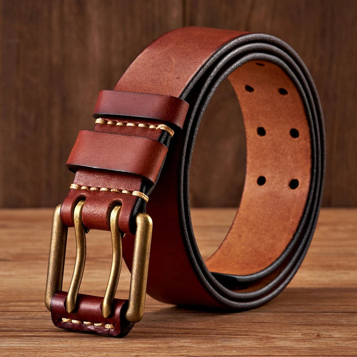Mens Leather Belt Double-Pin Vintage Style