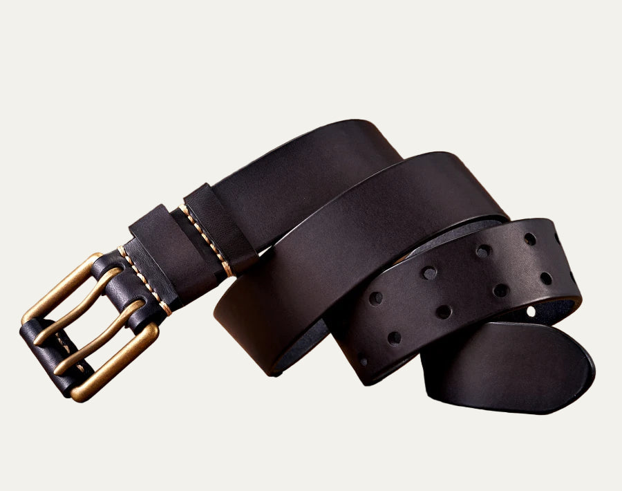 Mens Leather Belt Double Prong Heavy Stitching