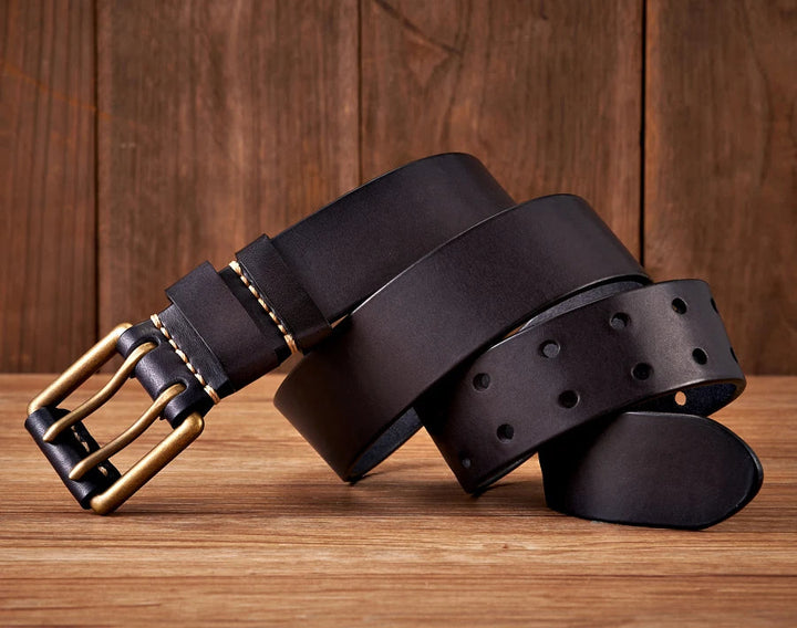 Mens Leather Belt Double-Pin Vintage Style