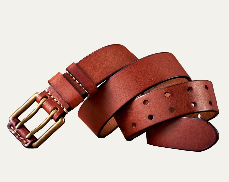 Mens Leather Belt Double Prong Heavy Stitching