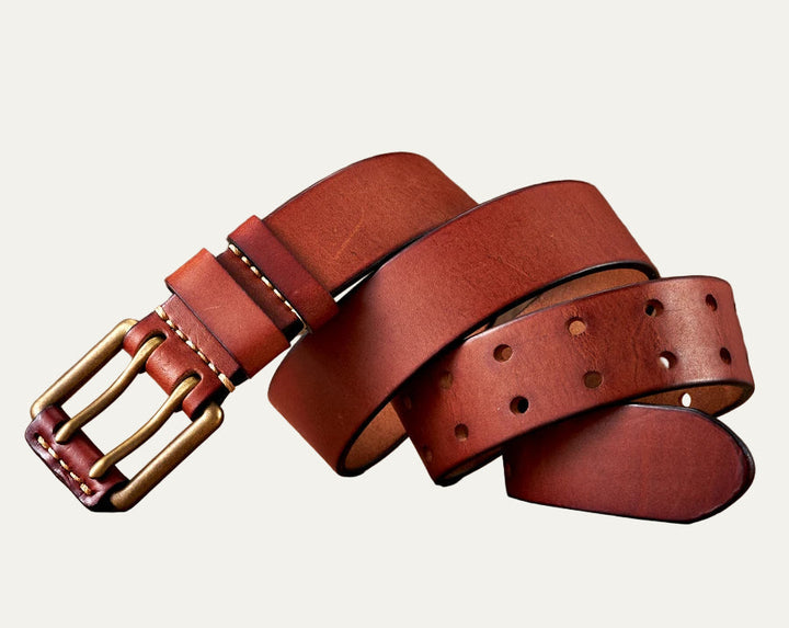 Mens Leather Belt Double Prong Heavy Stitching