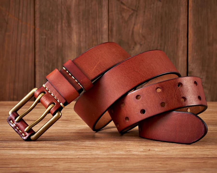 Mens Leather Belt Double-Pin Vintage Style