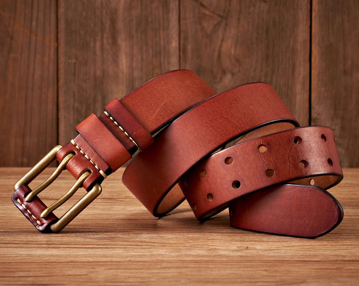 Mens Leather Belt Double-Pin Vintage Style