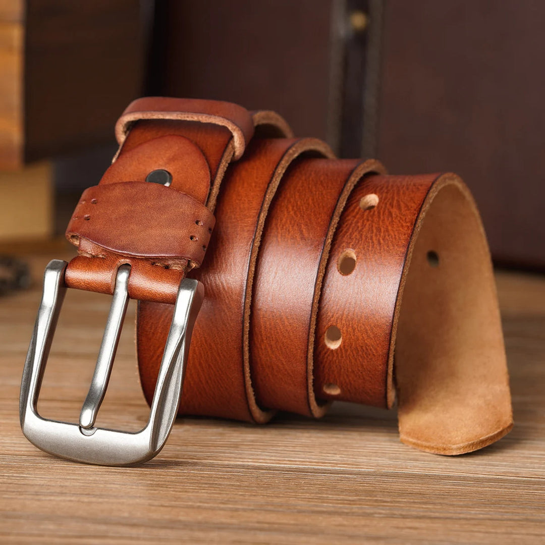 Mens Leather Belt Cowhide Vintage Classic Buckle