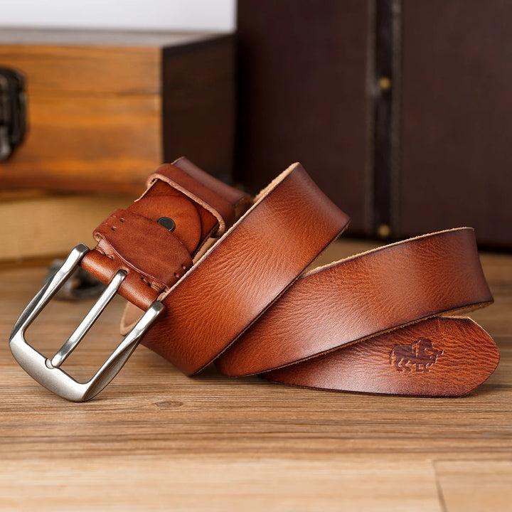 Mens Leather Belt Cowhide Vintage Classic Buckle