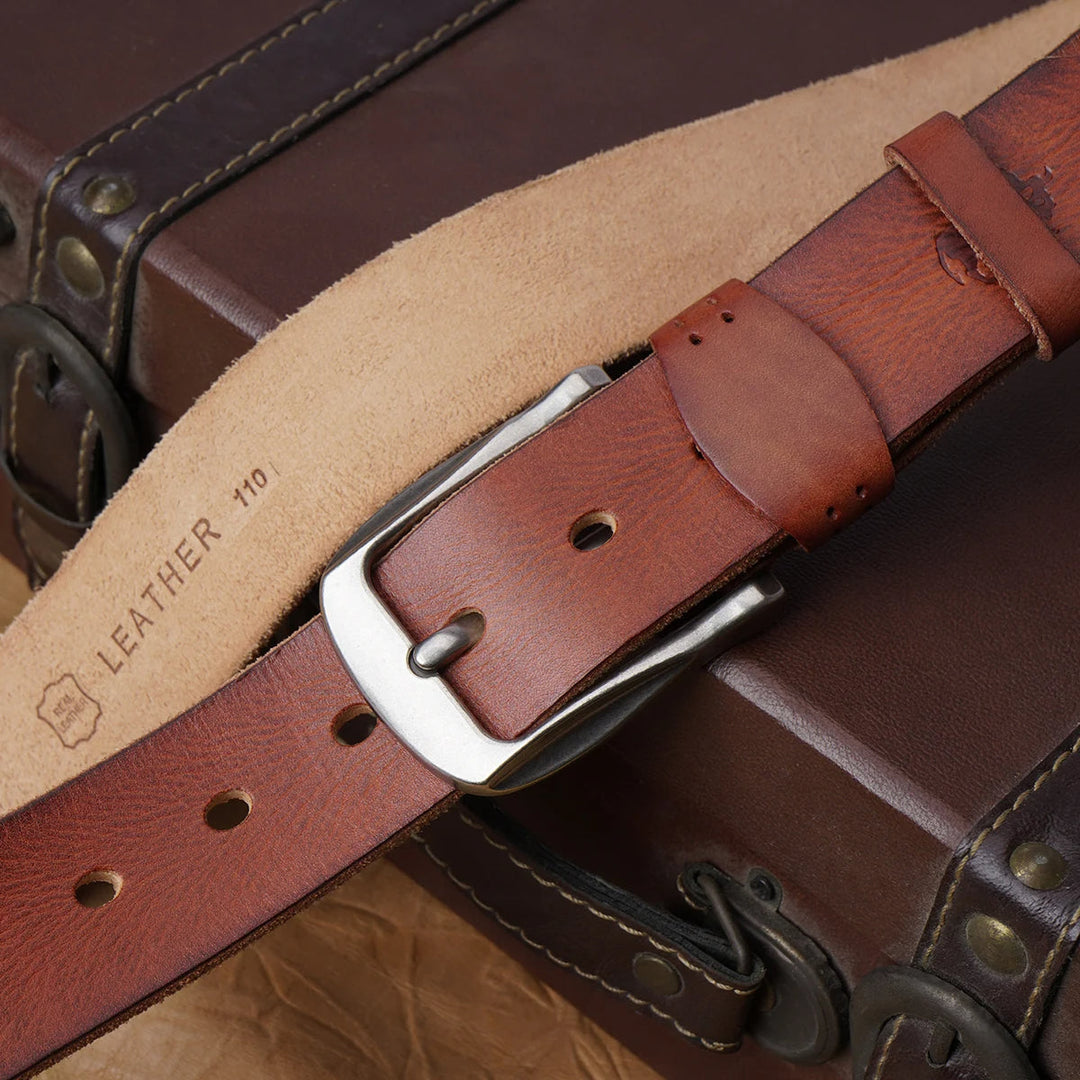 Mens Leather Belt Cowhide Vintage Classic Buckle