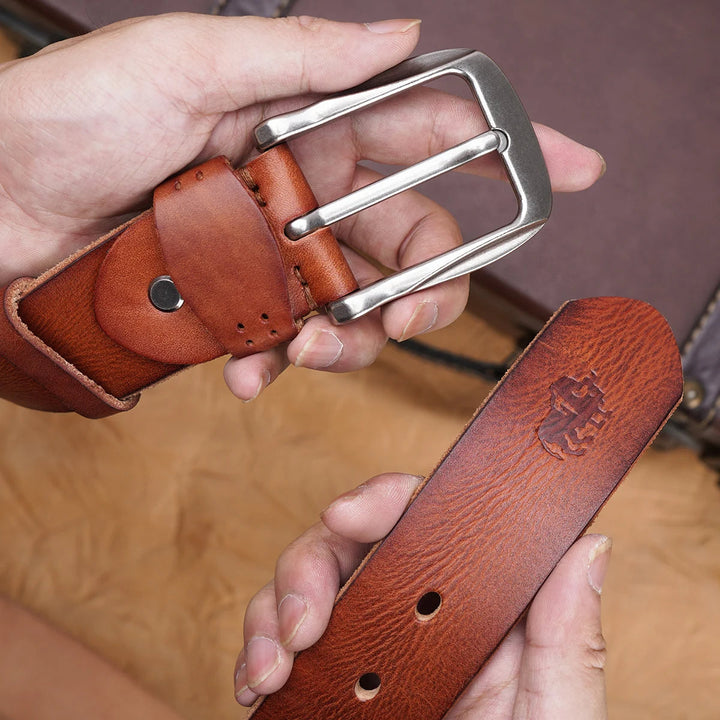 Mens Leather Belt Cowhide Vintage Classic Buckle