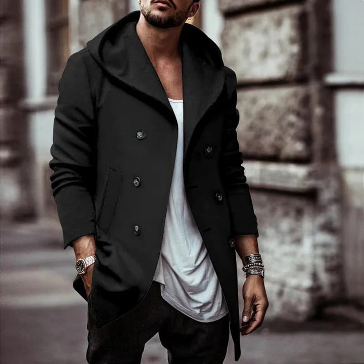 Mens Trench Coat Double Breasted Hooded Outerwear