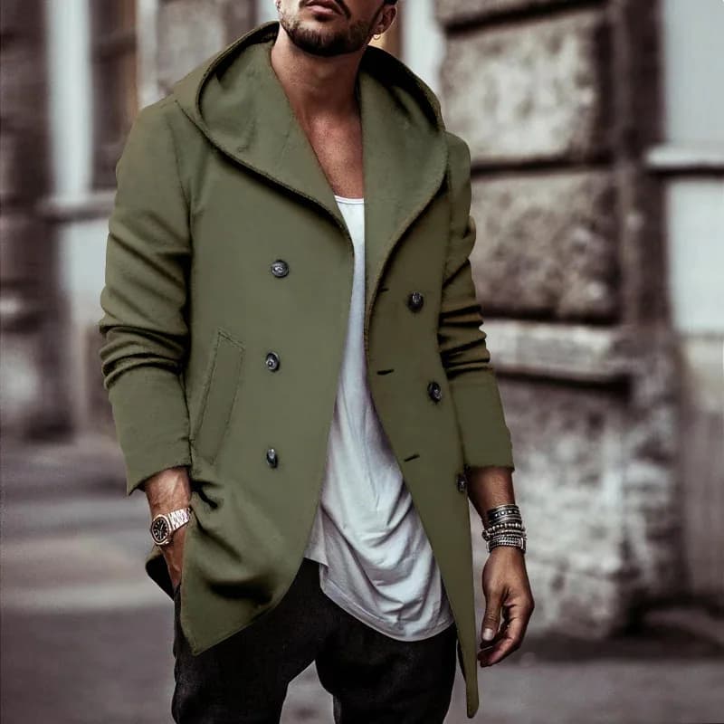 Mens Trench Coat Double Breasted Hooded Outerwear