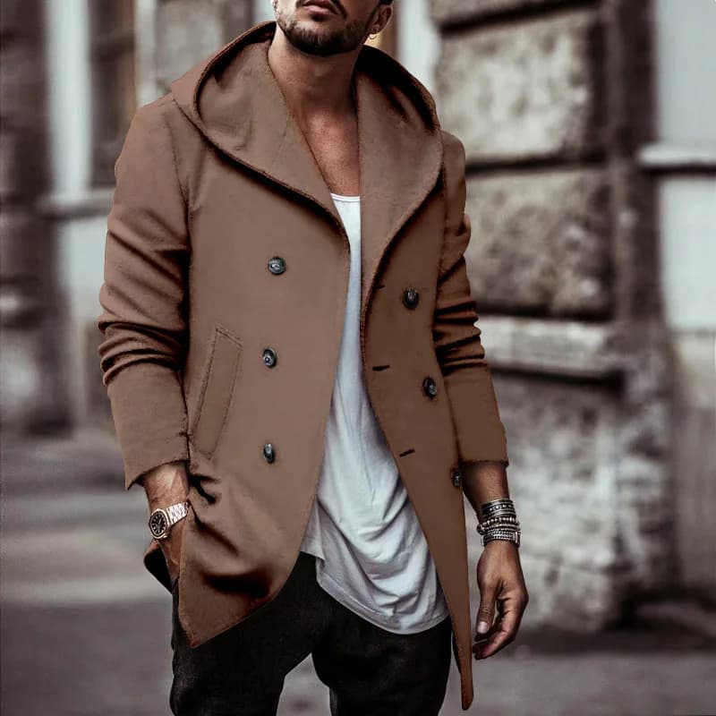 Mens Trench Coat Double Breasted Hooded Outerwear