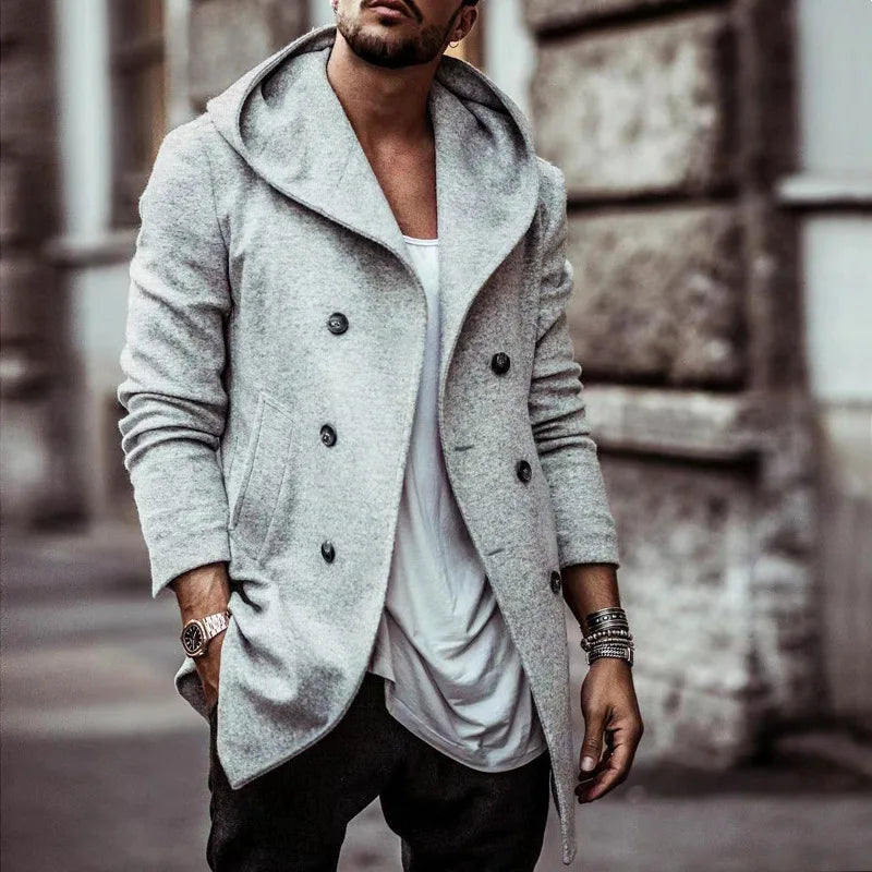 Mens Trench Coat Double Breasted Hooded Outerwear