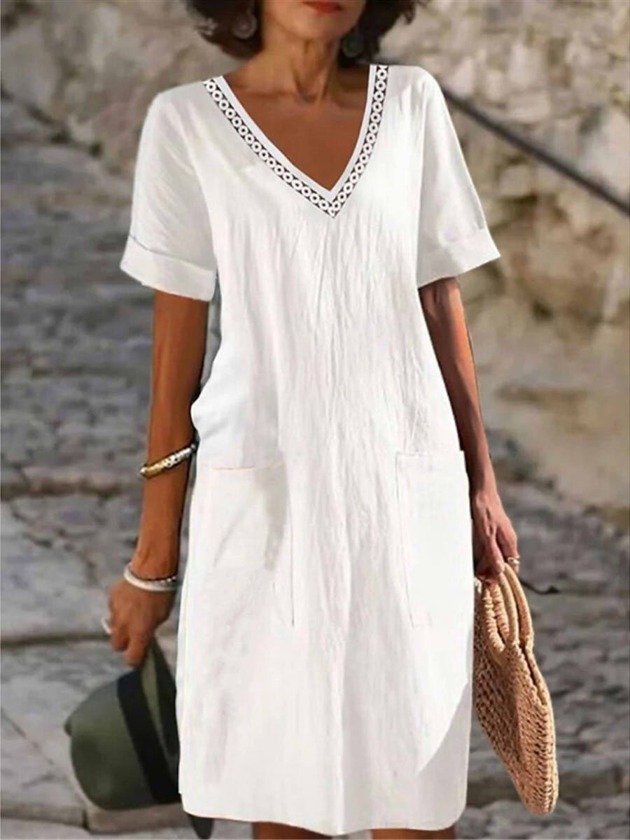 Womens Linen Dress with Lace Trim V-Neck Short Sleeve Pocket - BritishMode