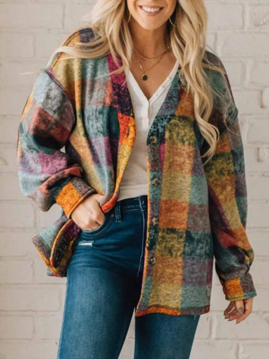 Womens Shirt Jacket Plaid Relaxed Fit - BritishMode