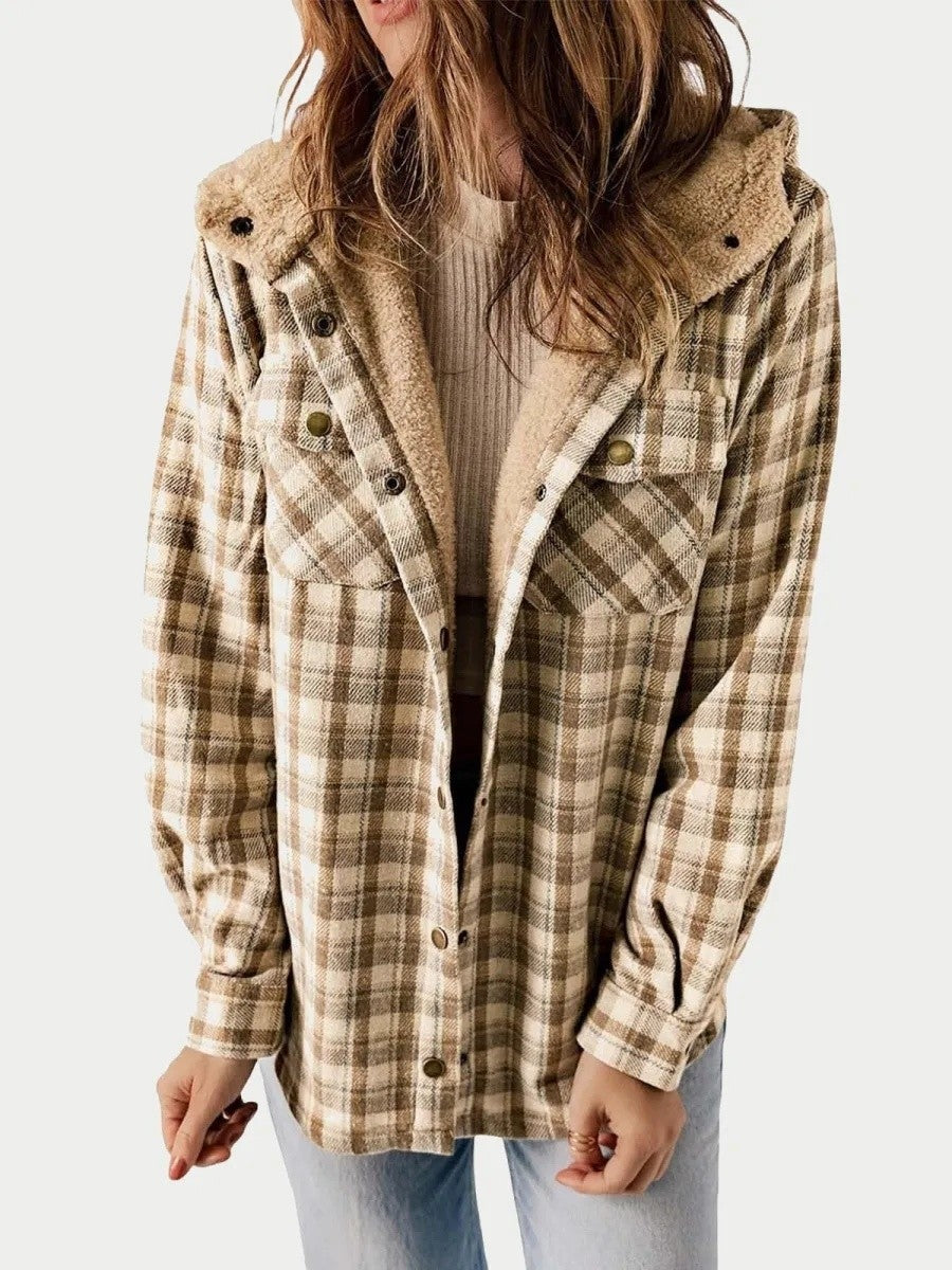 Womens Hooded Flannel Shirt Jacket Plaid Cozy Fit - BritishMode