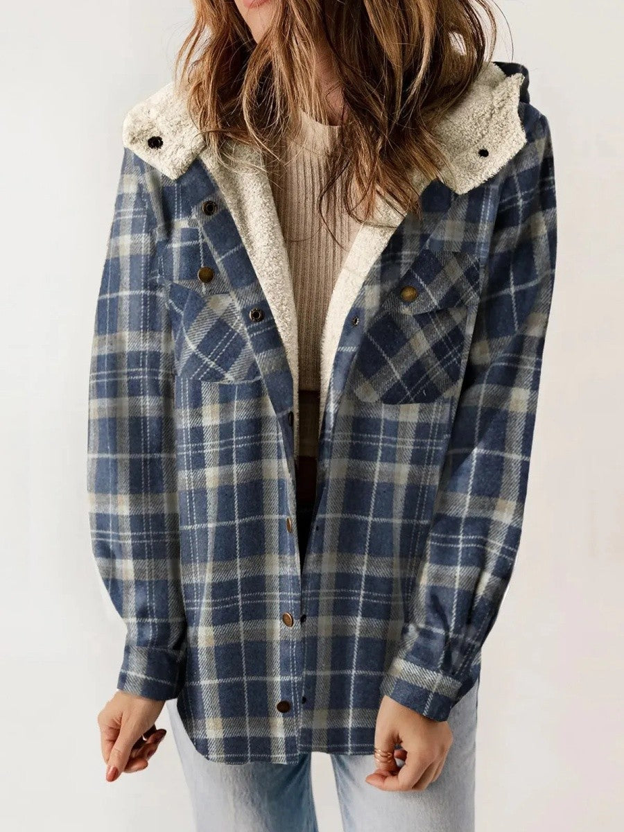 Womens Hooded Flannel Shirt Jacket Plaid Cozy Fit