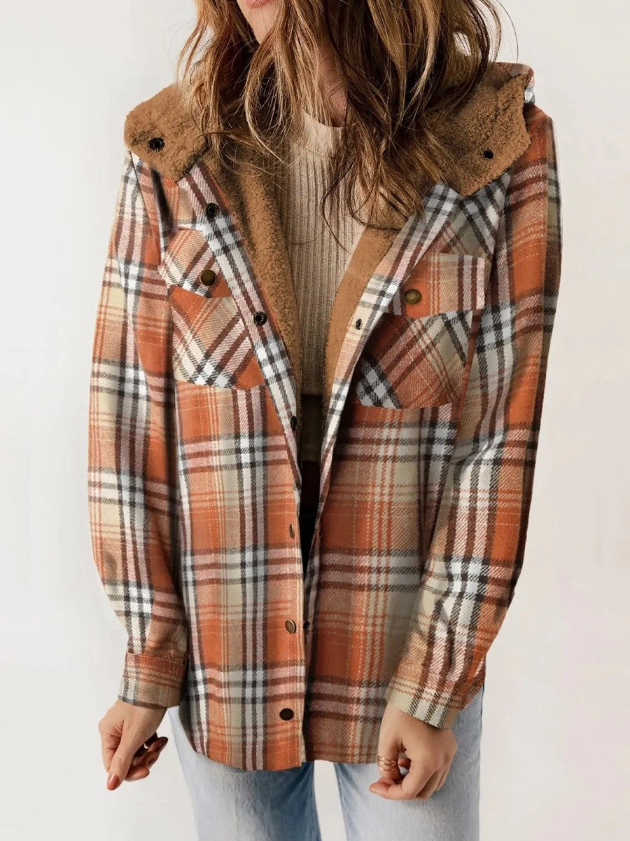 Womens Hooded Flannel Shirt Jacket Plaid Cozy Fit