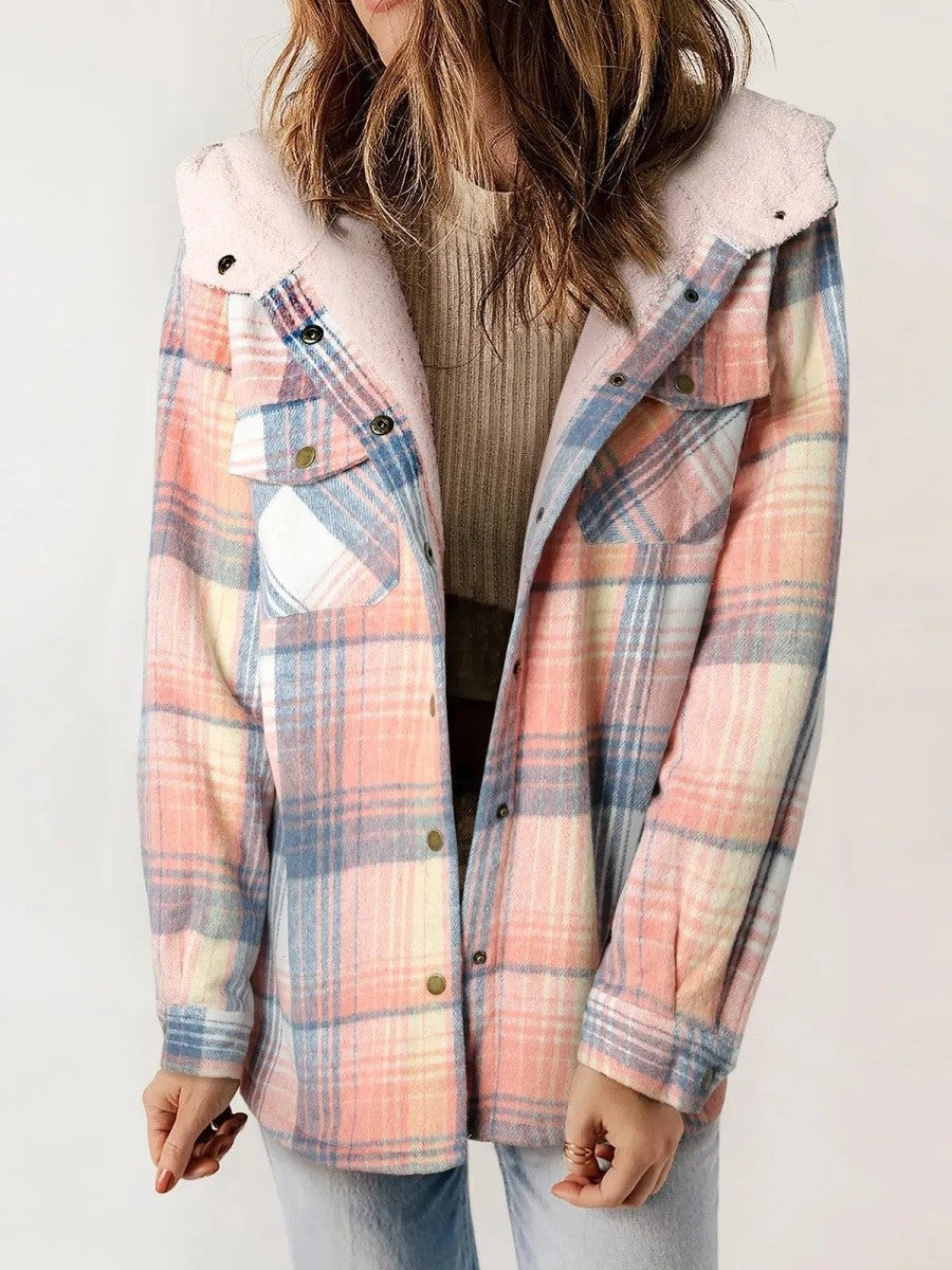 Womens Hooded Flannel Shirt Jacket Plaid Cozy Fit