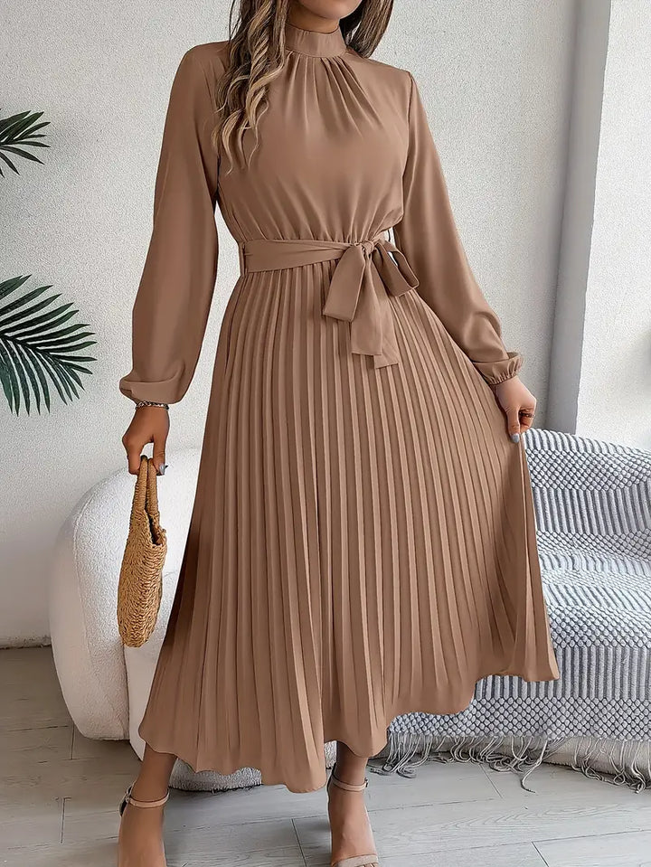 Womens A-Line Dress with Waist Belt Knee Length