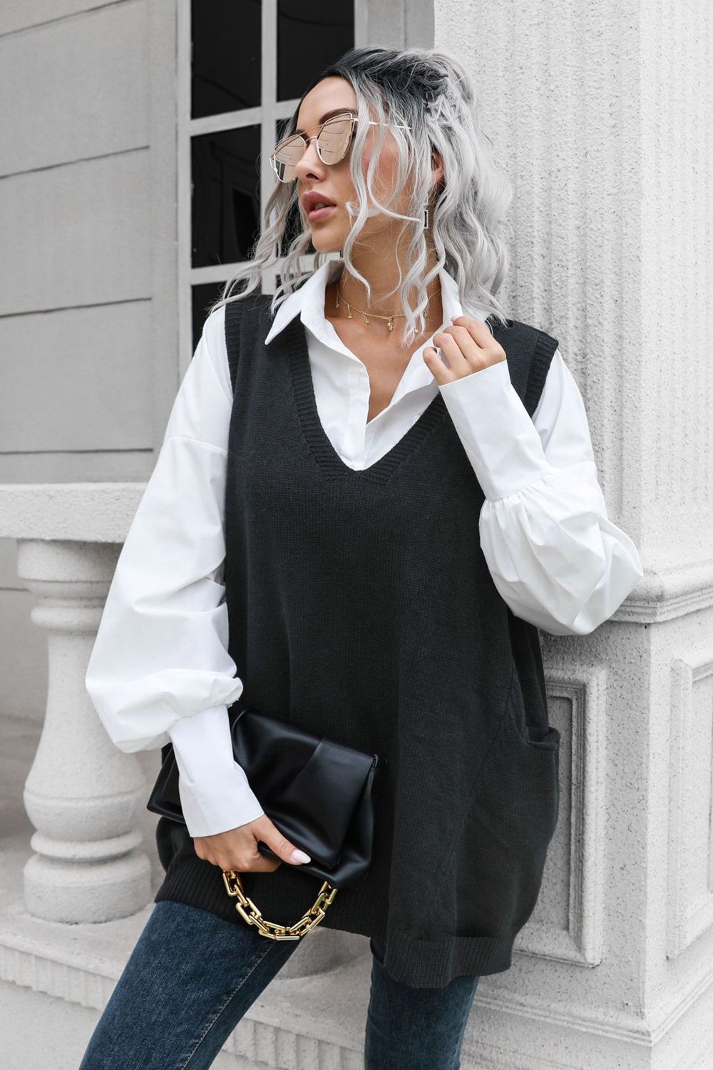 Unisex Sweater Vest with Crew Neck and Pockets - BritishMode