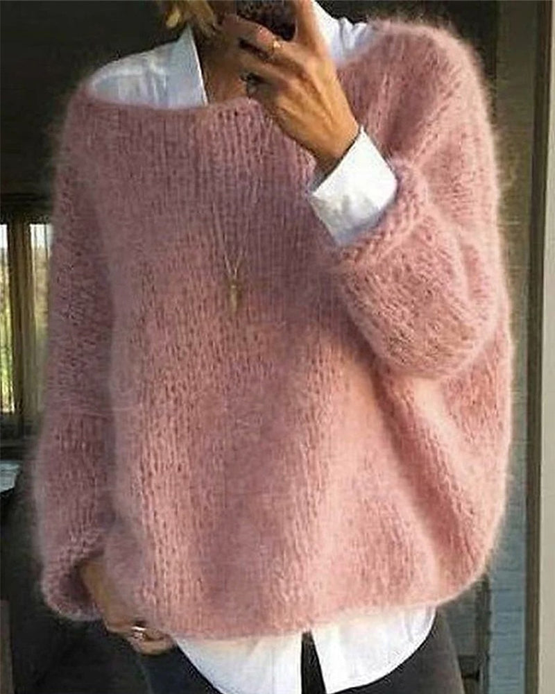 Womens Crew Neck Batwing Sleeve Mohair-Feel Knit Sweater - BritishMode