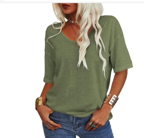 Womens Oversized T-Shirt Cotton Linen V-Neck Short Sleeve