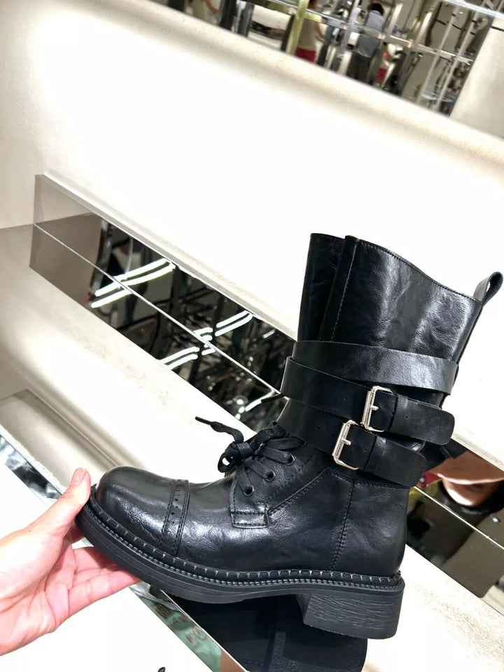 Womens Leather Ankle Boots Strap High Heel