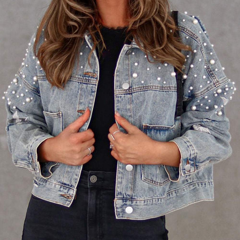 Womens Denim Jacket Embroidered Button Front - BritishMode
