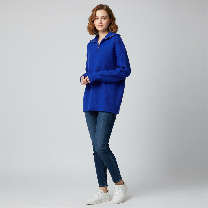 Womens Sweatshirt Ribbed Knit Trim Relaxed Fit High Zip Collar - BritishMode