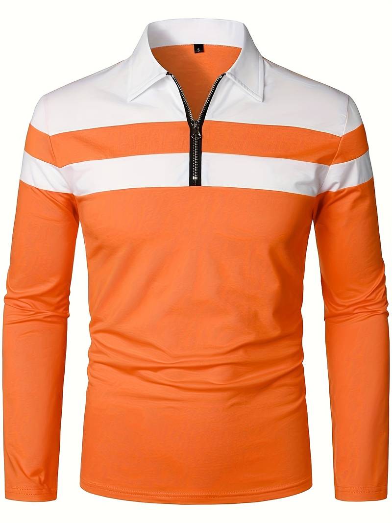 Mens Long Sleeve Polo Shirt Zip-Up Collar