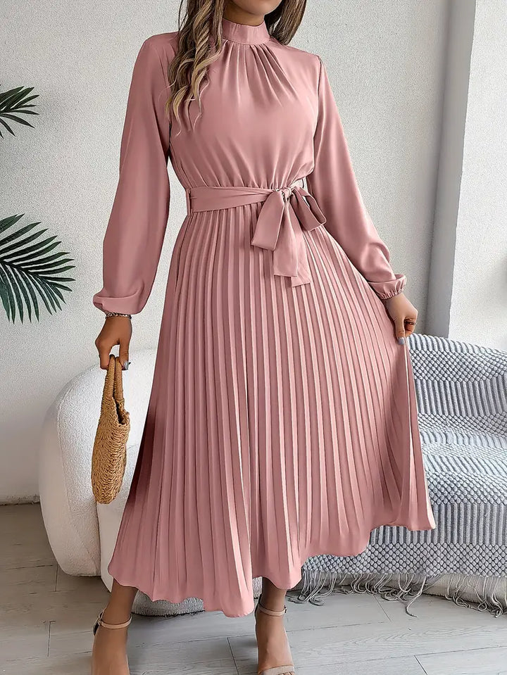 Womens A-Line Dress with Waist Belt Knee Length