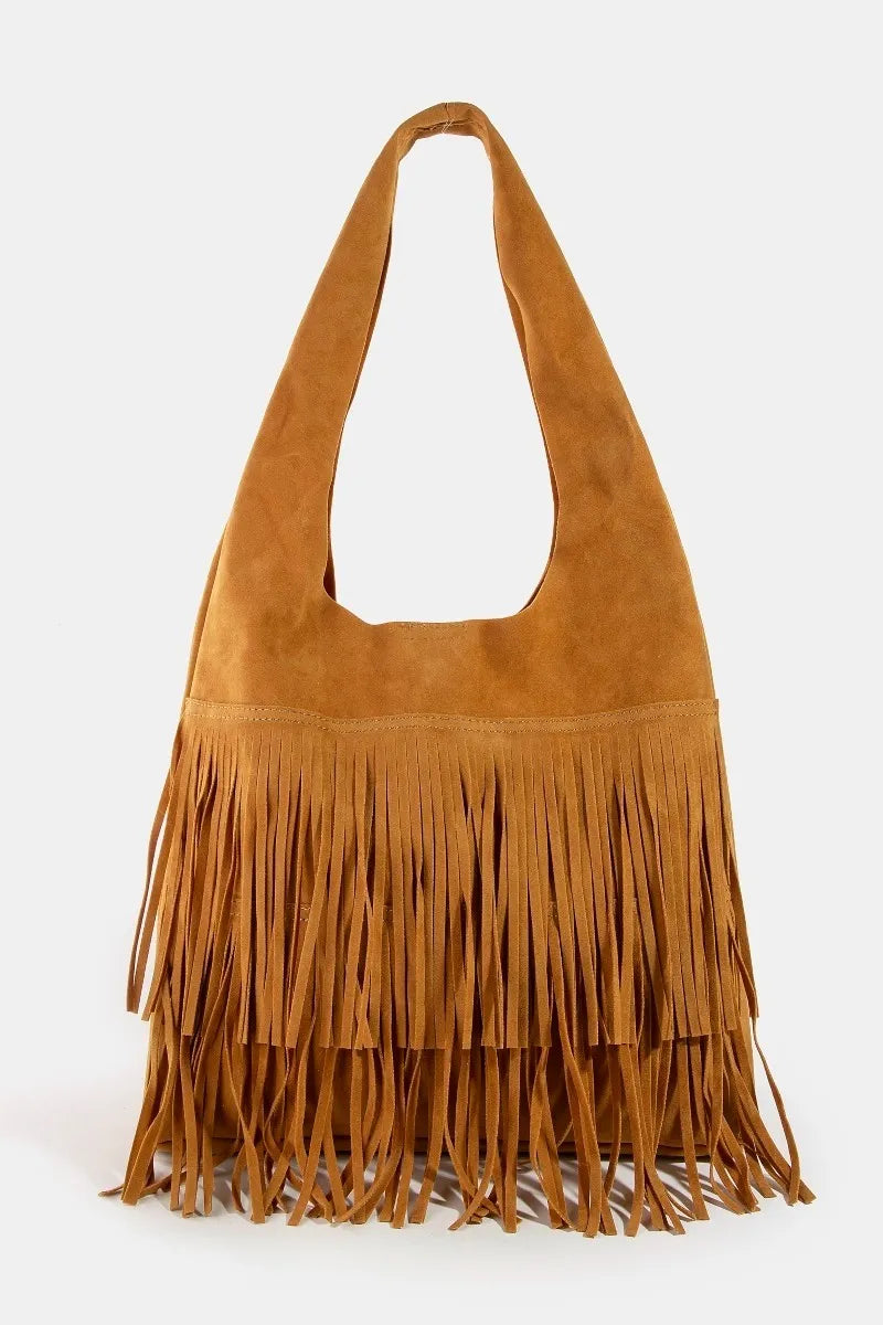 Womens Suede Shoulder Bag with Fringe Detail - BritishMode