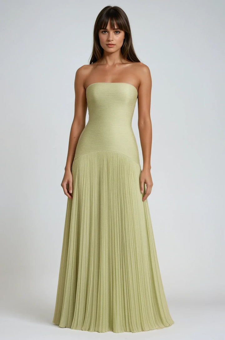 Womens Strapless Pleated Maxi Dress Sweetheart Neckline - BritishMode
