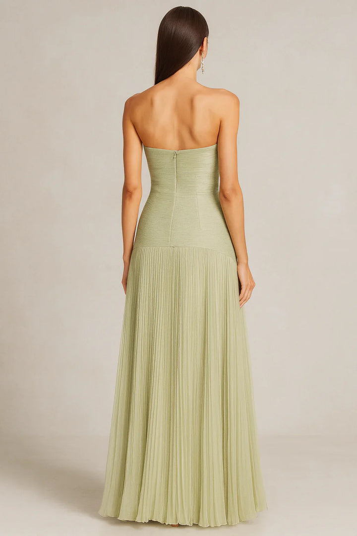 Womens Strapless Pleated Maxi Dress Sweetheart Neckline