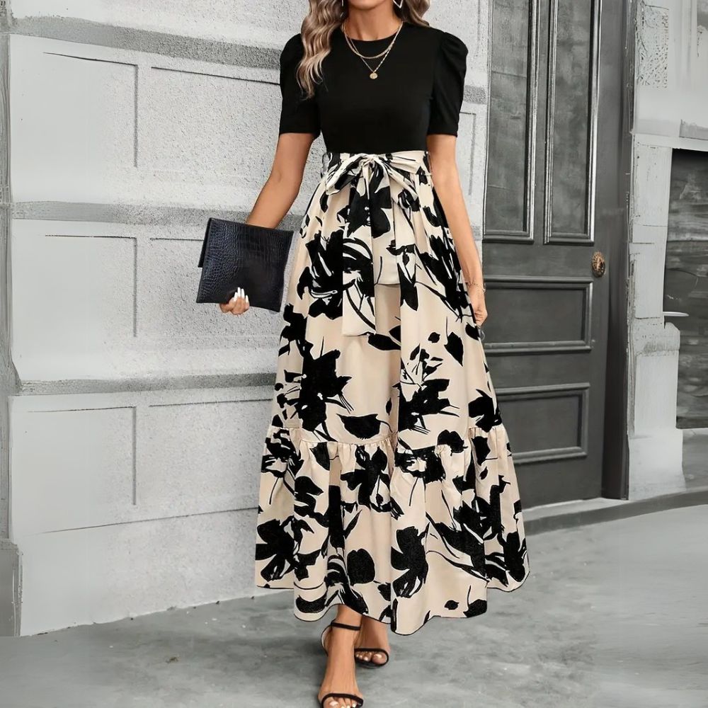 Womens Maxi Dress with Puff Sleeves and Tie Waist - BritishMode