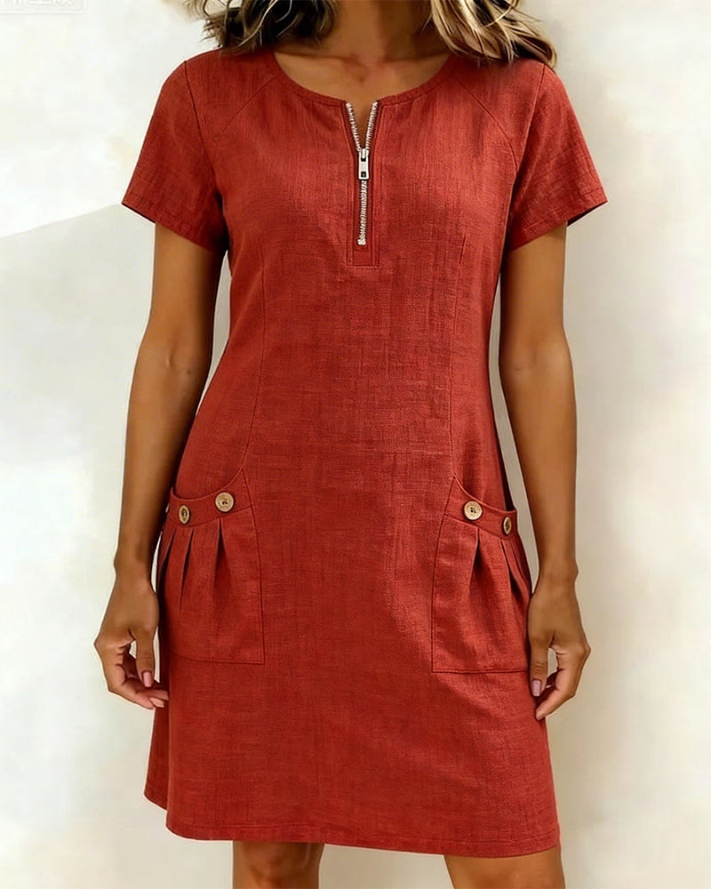 Womens Shift Dress Short Sleeve Zip Neck with Pockets - BritishMode