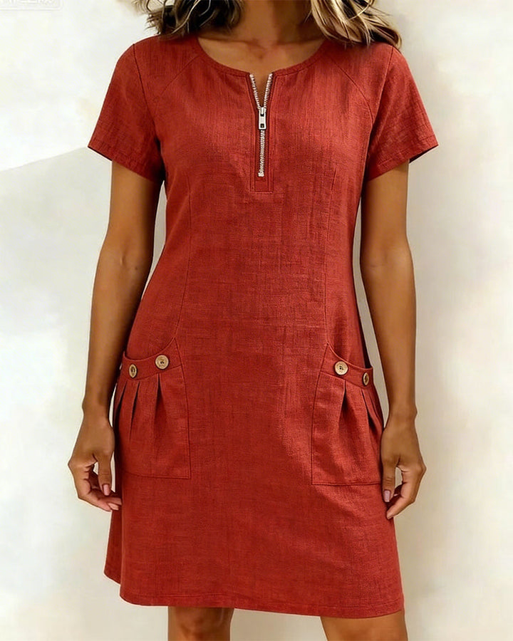 Womens Shift Dress Short Sleeve Zip Neck with Pockets - BritishMode