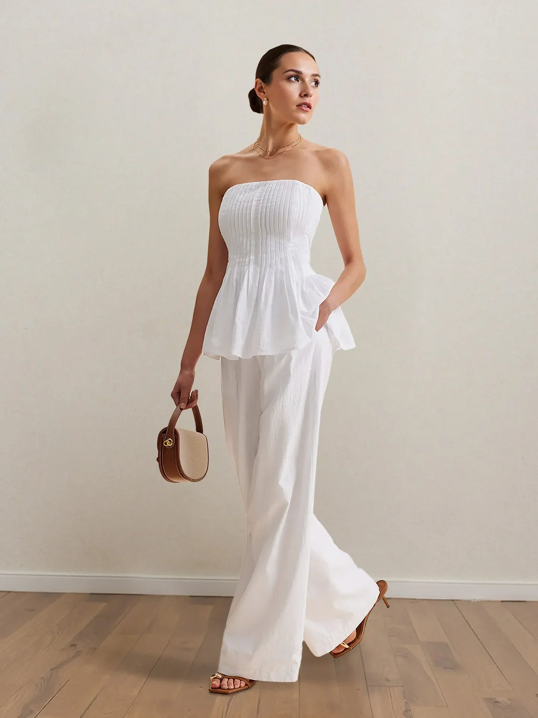Womens Off-Shoulder Top with Ruffles and Flared Pants Set - BritishMode
