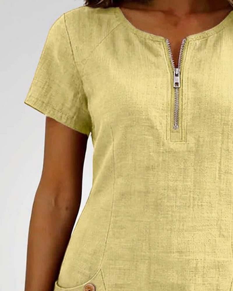 Womens Shift Dress Short Sleeve Zip Neck with Pockets