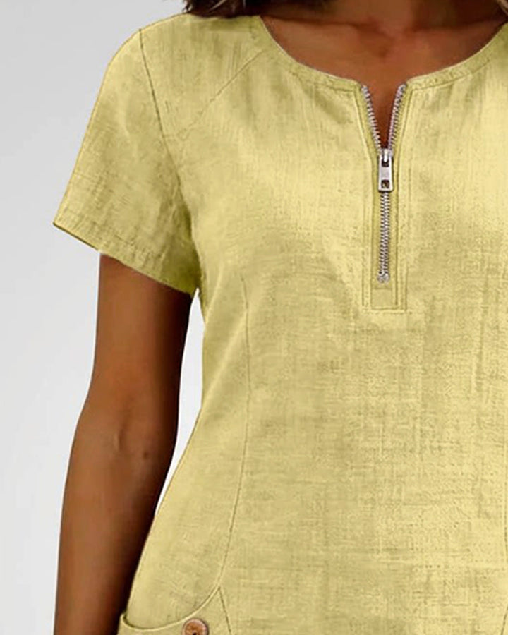 Womens Shift Dress Short Sleeve Zip Neck with Pockets