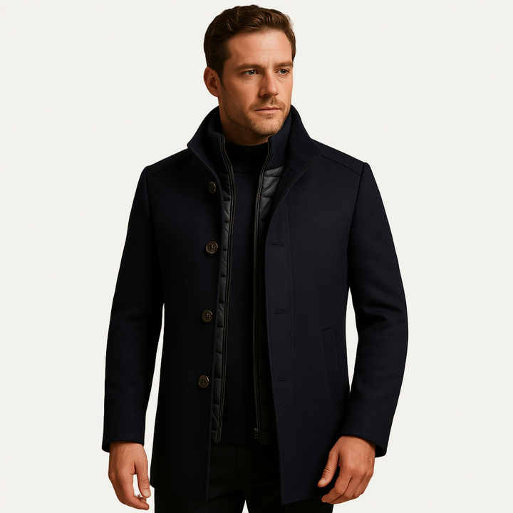Mens Peacoat with Insulated Stand Collar and Quilted Vest