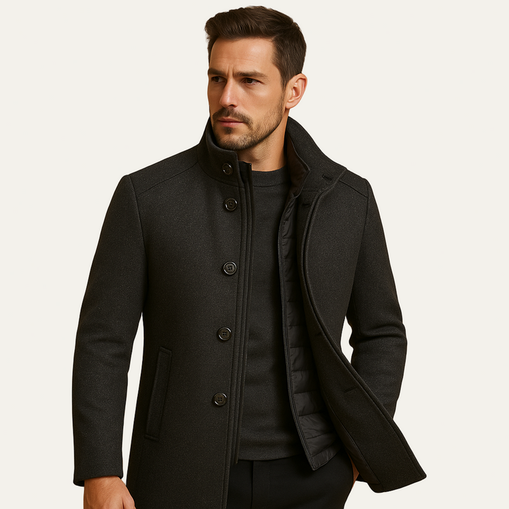 Mens Peacoat with Insulated Stand Collar and Quilted Vest