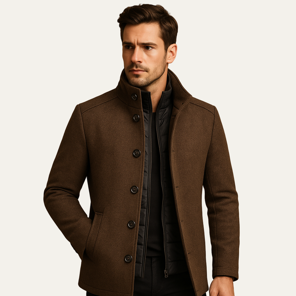 Mens Peacoat with Insulated Stand Collar and Quilted Vest - BritishMode