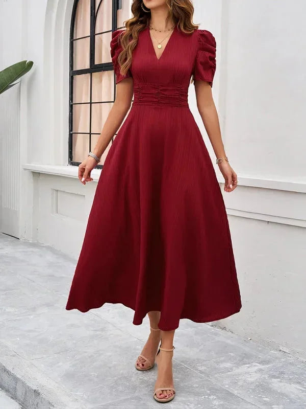 Womens A-Line Midi Dress with V-Neck and Puff Sleeves