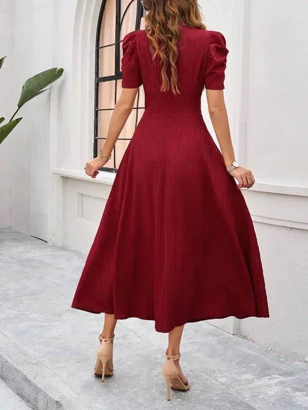 Womens A-Line Midi Dress with V-Neck and Puff Sleeves