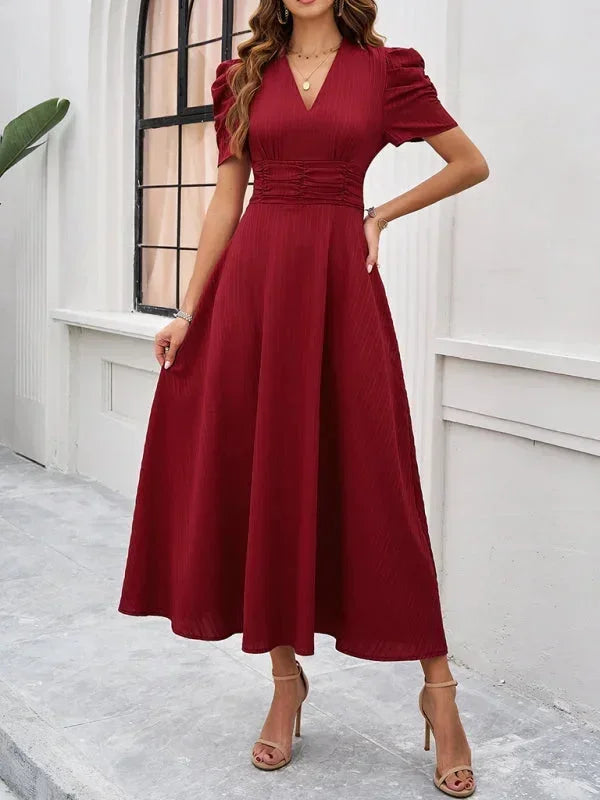 Womens A-Line Midi Dress with V-Neck and Puff Sleeves