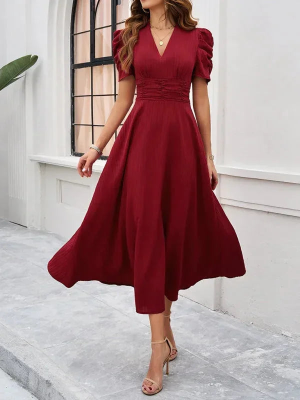 Womens A-Line Midi Dress with V-Neck and Puff Sleeves