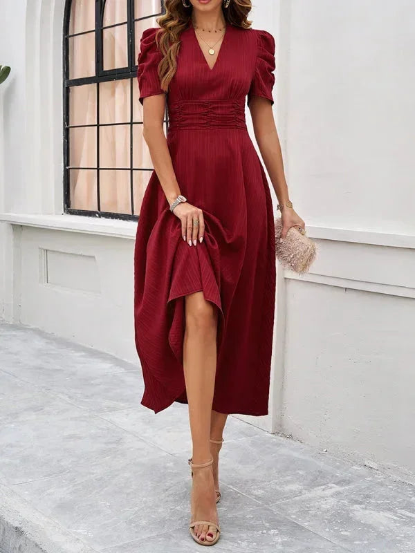 Womens A-Line Midi Dress with V-Neck and Puff Sleeves