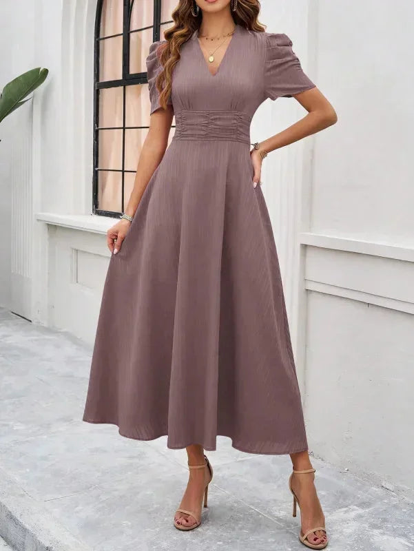 Womens A-Line Midi Dress with V-Neck and Puff Sleeves